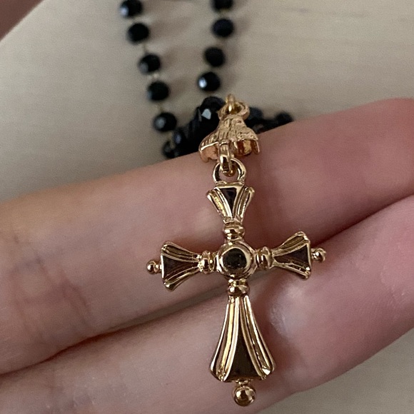 NWOT gold cross necklace with black beading - Picture 5 of 5